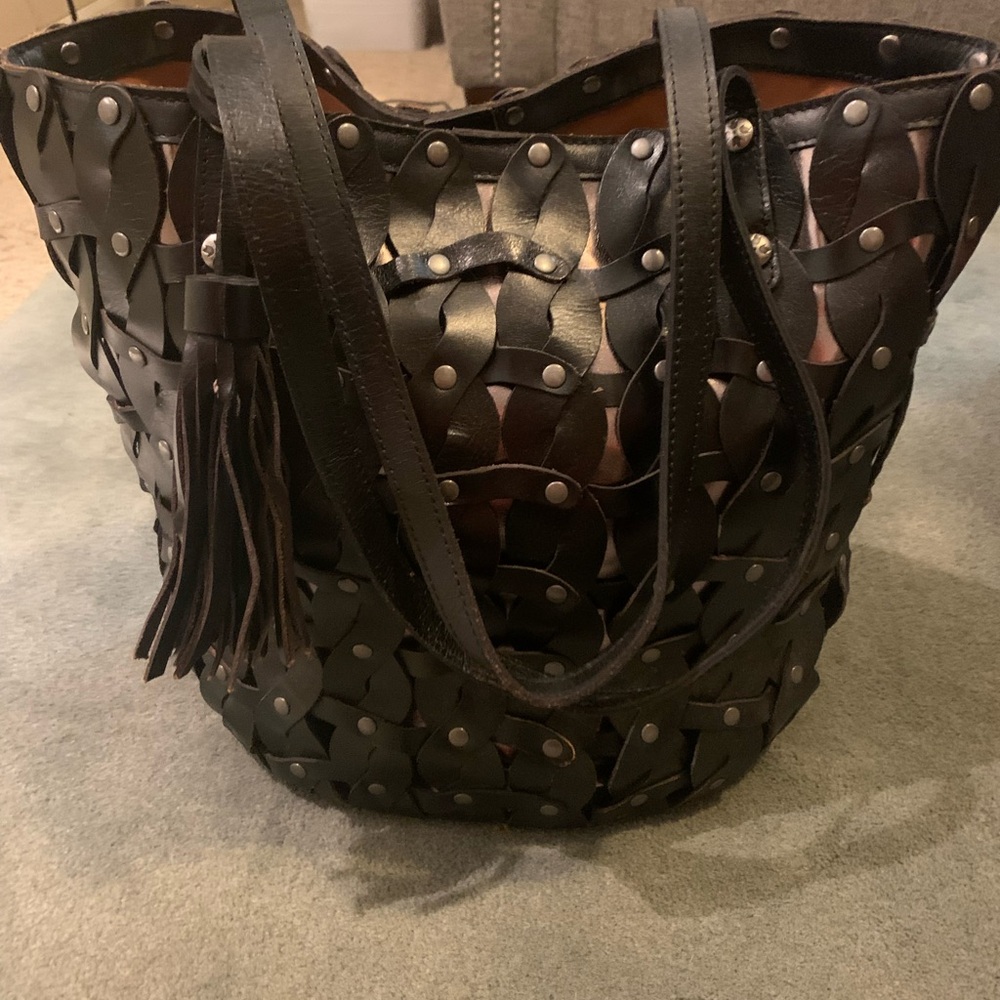 Patricia Nash Black Woven Leather Tote Bag